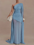 Luxurious Blue Diagonal Collar Sheer Mesh Maxi Dress for Women Off One Shoulder Cape Sleeves Ruched Waist for Dinner Party