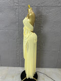 Sexy Halter Neck Maxi Dress Crystal Chain Cutout Ruched Women Sheer Mesh Form Outfit Glamorous Evening Gala Party Costume