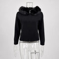 Women Hooded Knit Cardigan Sweater Coat Fluffy Faux Fur Collar Two Way Zip Solid  Loose Casual Jacket 2026 Autumn Winter