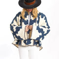 Hit Color Loose Fashion Coat for Women Lapel Long Sleeves Patchwork Printing Elegant Jackets Female Clothing New