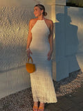 Fashion Backless Ruched Long Dress For Women Halter Lace Up Sexy Ruffle Dress Loose Female 2025 Summer New Vacation Dress