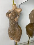Sparkly Silver Rhinestones Mini Dress Luxury Women Sexy Mesh Hollow Out Celebrity Birthday Cocktail Dresses Performance Wear