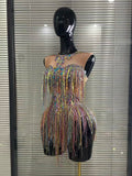 Colorful Tassels Women Sexy High Stretch Bodycon Bodysuit Vening Dress Night Club Dancer Performance Costume