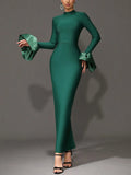 Women Elegant Evening Club Party Trumpet Long Sleeves Sexy Turtleneck Tight Maxi Bandage Dress Black Vestido