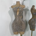 Sparkly Silver Rhinestones Mini Dress Luxury Women Sexy Mesh Hollow Out Celebrity Birthday Cocktail Dresses Performance Wear