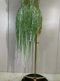 Sexy Green One Shoulder See-Through Sparkly Rhinestones Tassel Dress Women Latin Dance Outfits Bar Nightclub Party Stage Costume