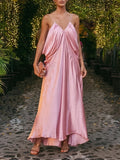 Elegant Backless Evening Dress for Women V Neck Sleeveless High Waist Patchwork Folds Loose Maxi Dresses Female New