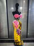 Golden Sequined Women Sexy Florals Tops Bodycon Long Skirt 2 Pieces Set Celebrate Evening Party Birthday Photoshoot Wear