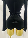 New Shiny Black Rhinestone Velvet Long Sleeve Bodysuit Women Evening Party Club Gala Hosts NightClub Bar Stage Costumes
