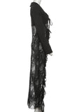 Jacquard Patchwork Long Coat Women Autumn Trend Elegant Irregular Hem Full Sleeve Bandages Dell V-Neck Chic Streewear