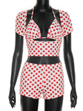 Sexy Dot Print 3 Piece Sets Women Chic Halter Bra Tops+Short Sleeves Crop Tops+Shorts Skinny Beach Vacation Clubwear