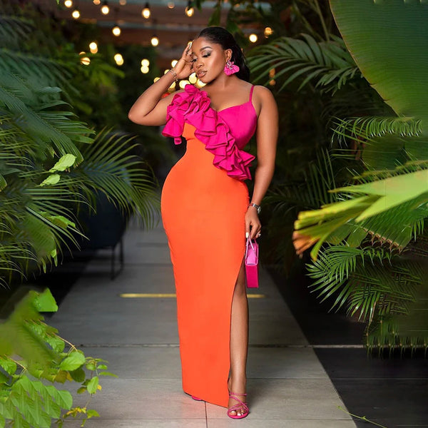 New Fashion Orange Color Women Sleeveless Sexy V-Neck Ruffles Bodycon Mid-calf Bandage Dress Birthday Celebrate Party Dress