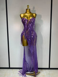 Women Sexy Strapless Purple Rhinestone Tassels Maxi Long Dress Birthday Photo Shoot Bar Nightclub Stage Performance Outfit