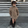 Collar Zip Cropped Women 2pcs Suede Matching Set Oversized Long Sleeve Jacket Belt Detail Mini Skirt Two Piece Sets Daily Jacket