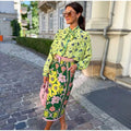 Bow Tie Neck Women Floral Print Set Long Puff Sleeve Cuff Trim Loose Blouse Vibrant Ethnic Midi Skirt Straight Hem Street Daily