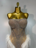 Women Sexy Strapless Sparkly Diamonds Tassel Mesh See Through Dress Celebrate Birthday Evening Party Nightclub Stage Costume