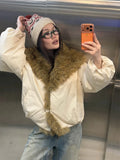 Vintage Faux Fur Trim Puffer Jacket Women Big Furry Collar Oversized Bubble Sleeve Warm Winter Coat Lady Winter Outerwear 2026