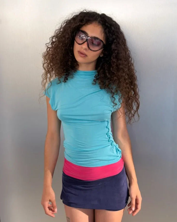 Women Cyan Draped Mock Neck Sleeveless Top Slim Side Ruched Button Detail Tight T-shirt 2026 Soft Fabric Casual Summer Pullover