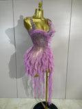 Sexy Mesh Ruffled See-Through Mini Dress Women Evening Prom Sparkly Rhinestones Birthday Party Photoshoot Nightclub Stage Wear