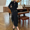 Fashion Spliced Metal Pin Two Piece Set for Women Stand Collar Long Sleeve Pullvers Mid Waist Bodycon Knee Skirt Suit Female