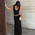 Chic Light Blue 2 Piece Outfit Women Deep V Neck Sleeveless Ruched Crop Top Low Waist Flowy Maxi Skirt Suit Party Matching Sets