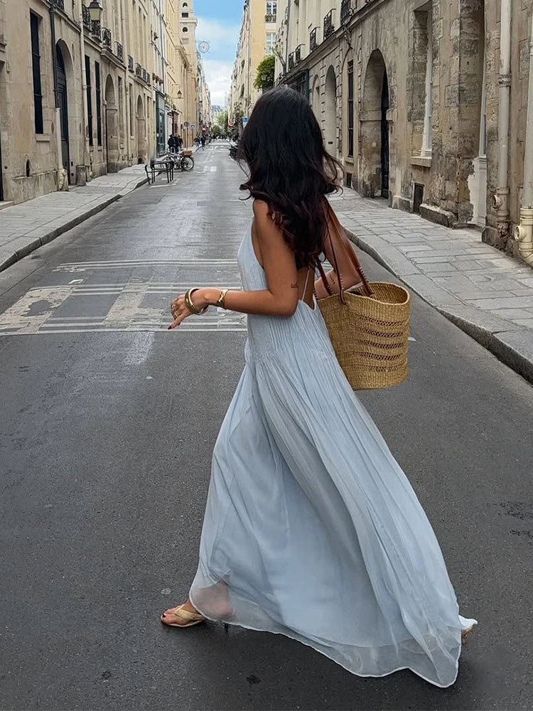 Blue Halter Pleated Long Beach Dress Women's Backless Sleeveless Puff Maxi Dresses Summer Evening Party Holiday Vacation New In