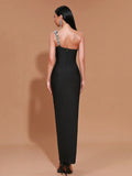 High Quality Sexy One Shoulder Shinning Diamond Bodycon Bandage Long Dress Women Fashion Celebrate Evening Party Vestido