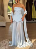 Evening Patchwork Ribbon Dress for Women Strapless Spliced Pearls Decoration Slim Fairy Mesh Maxi Dresses Female