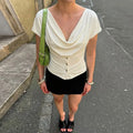 Women Summer Top Fashion Button-Front Patchwork V-Neck Pleated Fitted Top New Casual High-Street Party Female T-Shirts