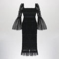 Women's Black Sheer Mesh Trumpet Sleeve Square Neck Waist-Cinching Dress Elegant Evening Performance Gown Vestidos De Bienvenida