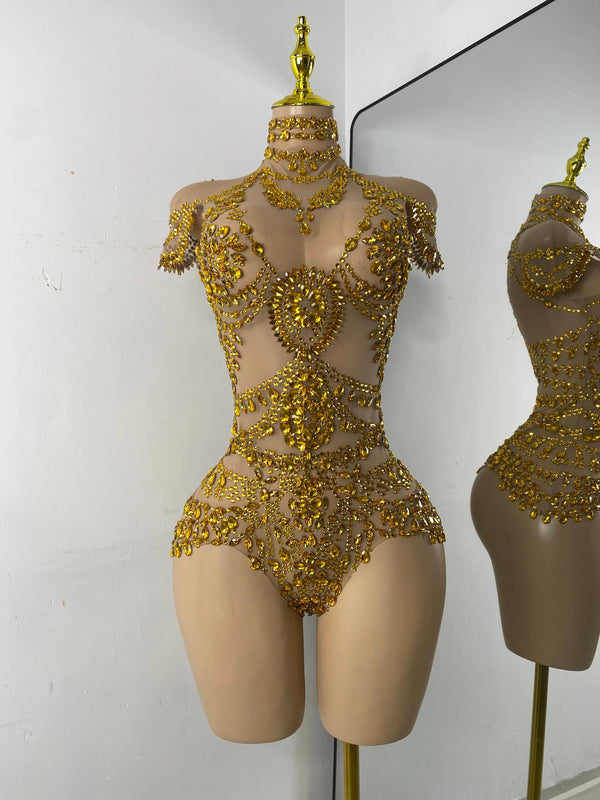 Sparkly Red Rhinestones Women Sexy Mesh See Through High Stretch Bodysuit Nightclub Performance Dance Costume Singer Stage Wear