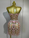 Women Evening Party Birthday Prom Nightclub Stage Costume Luxury Diamonds Chain Pearl Sexy Strapless Mesh See Through Mini Dress