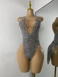 Sexy Mesh See Through Bodysuit Women Glitter Rhinestones Tassel Sleeveless Performance Dance Costume Nightclub Bar Stage Wear