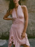 Vacation Pink Backless Mini Dress Female Plunge Neck Sleeveless Slimming Asymmetrical Hem for Urban Street Style