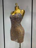 Women Sexy Sleeveless Rhinestone Mini Bodycon Dress Evening Party Luxury Birthday Bar Nightclub Stage Performance Clothing