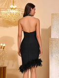 Women Sexy Off Shoulder Diamond Feather Halter Mini Bandage Dress For Women Backless Celebrate Evening Party Dresses Gown