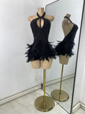 Women Sexy Halter Beading Feather Tight Bodysuit Nightclub Performance Leotard Luxury Party Celebrate Stage Wear
