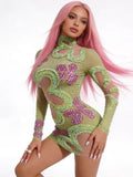Sexy Sparkly Diamonds Sequin Long Sleeves Mesh Transparent Mini Dress Women Eveing Party Nightclub Bar Stage Phootshoot Outfits