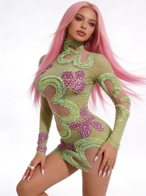 Sexy Sparkly Diamonds Sequin Long Sleeves Mesh Transparent Mini Dress Women Eveing Party Nightclub Bar Stage Phootshoot Outfits