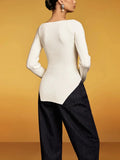 Solid Versatile Spliced Metal Knitted Top for Women Square Neck Long Sleeves Slim Asymmetric Hem Temperament Sweater Female
