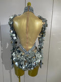 Sexy Sparkly Silver Rhinestones Sequins Mesh Stretch Bodysuit Eveing Birthday Party Nightclub Bar Singer Dancer DJ Stage Costume