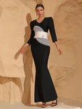 Women Celebrity Sexy Long Sleeve Patchwork Black Maxi Long Bodycon Bandage Dress 2024 Elegant Evening Club Party Outfit
