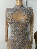 Sparkly Rhinestone Women Sexy Mesh See Through Floor Length Long Sleeve Birthday Dress Party Nightclub Stage Wear