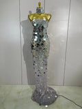 Sexy Silver Sparkly Round Sequin Pearl Women Backless Floor Length Dress Celebrate Birthday Evening Party Bar Queen Drag Costume