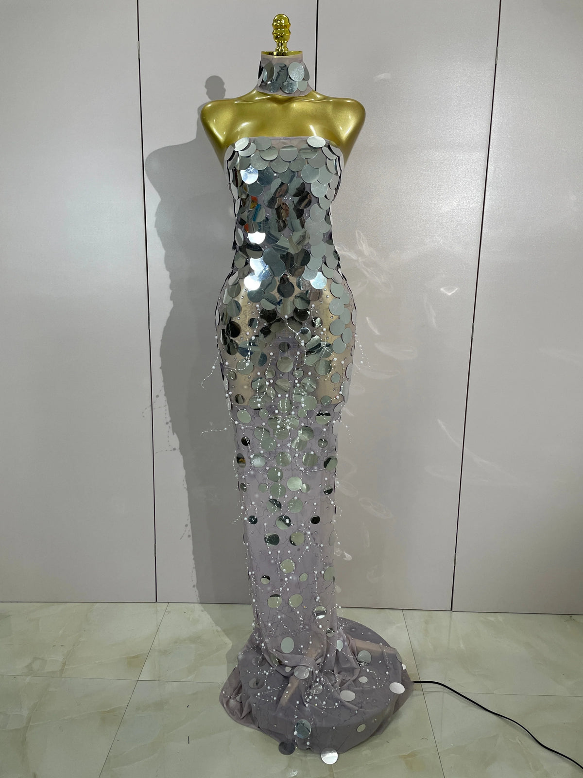 Sexy Silver Sparkly Round Sequin Pearl Women Backless Floor Length Dress Celebrate Birthday Evening Party Bar Queen Drag Costume