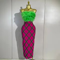 Luxury Celebrity Evening Party Birthday Dresses Women Sexy Green Feather Strapless Color Block Plaid Bodycon Midi Bandage Dress