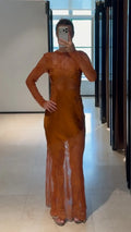 Women Sheer Lace Satin Mermaid Maxi Gown High Neck Long Sleeve Cutout Back Slim Fit Robe Formal Wedding Party 2026New Hot Gowns
