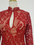 Solid Slimming Spliced Lace Fashion Dresses for Women Round Neck Long Sleeves Patchwork Hollow Out Dress Female New