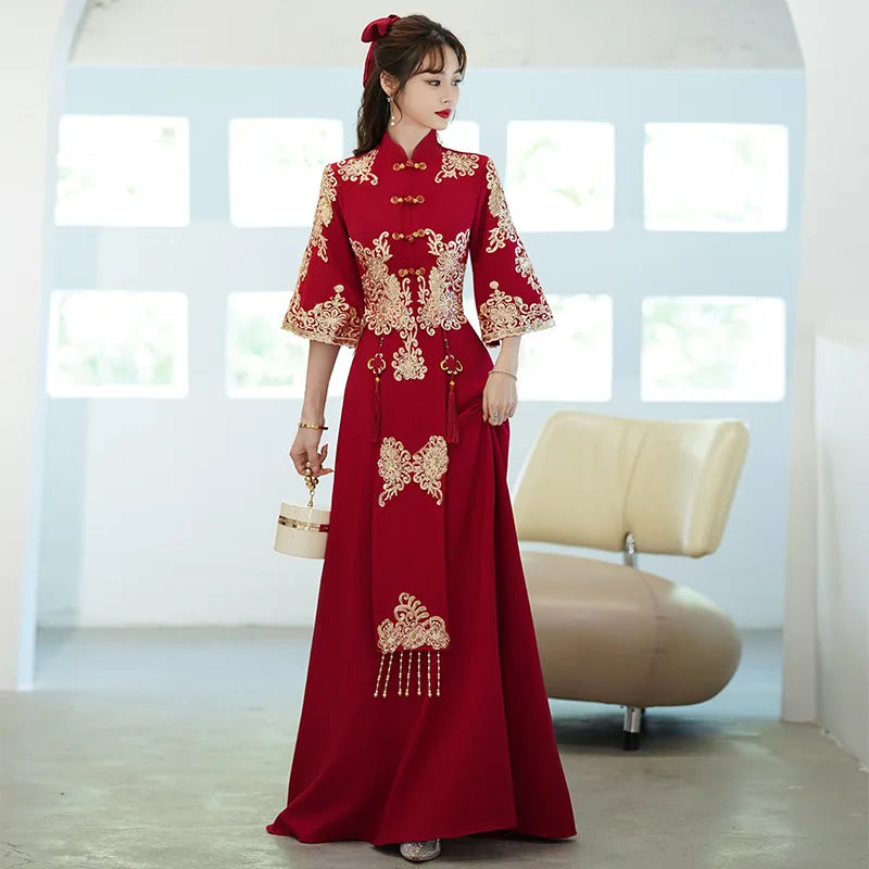 Summer Plus Size Red Toast Dress Bride Cheongsam Dress Chinese Style Wedding Engagement Toast Qipao Dress for Women