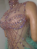 Sexy Sleeveless Mesh Ruffled See Through Long Dress Sparkly Rhinestone Eveing Birthday Party Nightclub Bar Singer Stage Costume